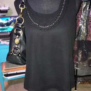 #396-(M) Dana Buchanan Black sleeveless blouse w/ chrome/ bead embellishments